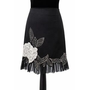 Cache Womens‎ Sequin Beaded Floral Fit & Flare Skirt Size 0 Black Cotton Stretch